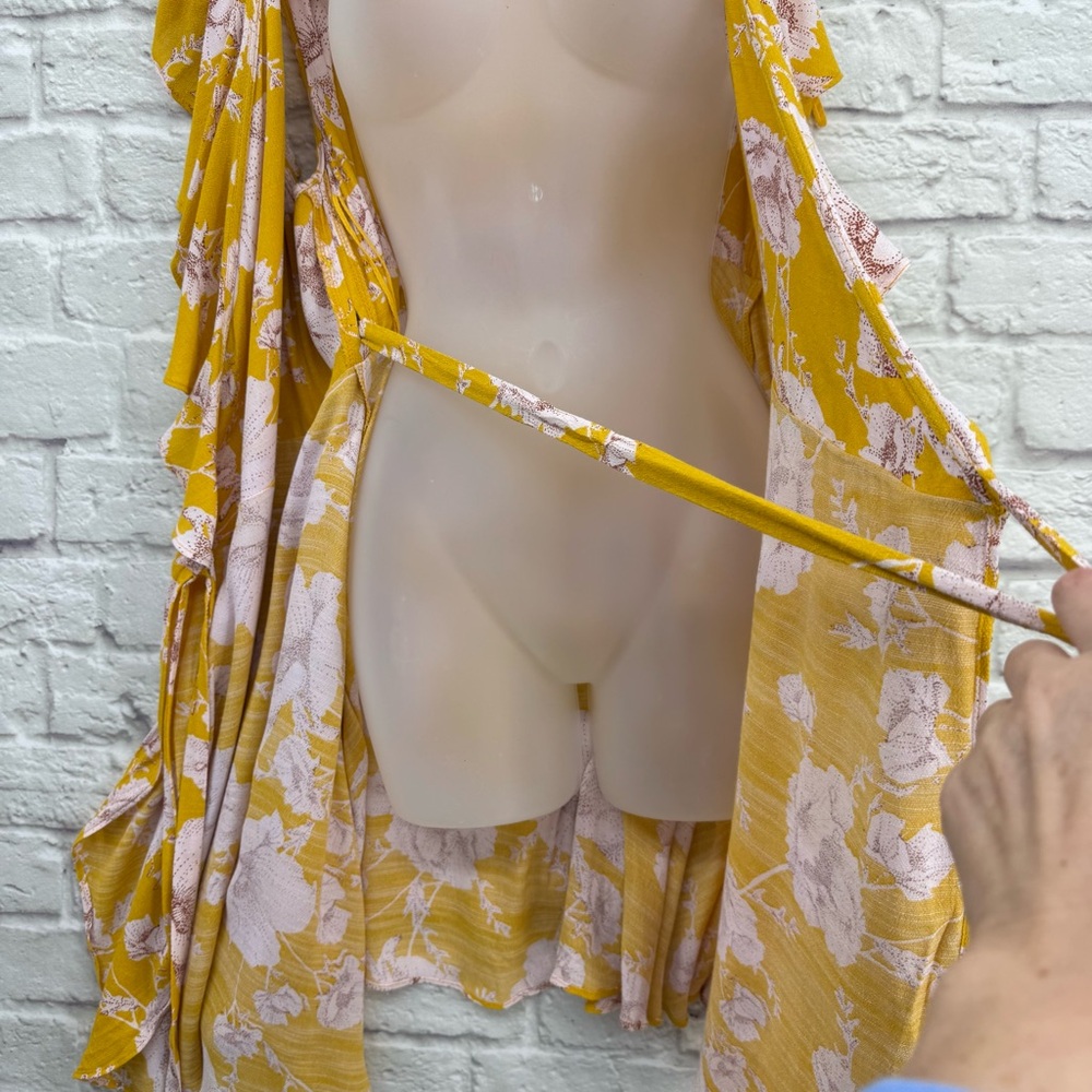 Free People French Quarter Wrap Mini Dress Yellow Pink Floral Size Large - Picture 6 of 15